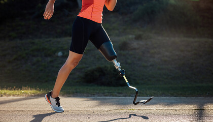 A person with a prosthetic leg running on a paved road during daytime.