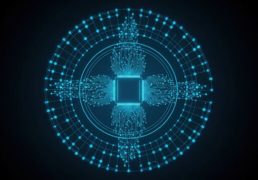 Abstract digital circuit board with glowing blue circuit lines and nodes forming a circular pattern - Powered by Adobe
