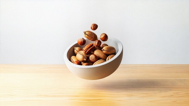 Nuts falling into a bowl on wooden table in minimalist style  