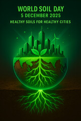Futuristic Green Energy City with Glowing Soil Roots &ndash; World Soil Day