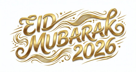Elegant golden eid mubarak calligraphy design with decorative swirls and the year 2026