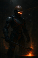 Fototapeta premium Futuristic armored warrior stands amidst fiery ruins wielding a glowing weapon