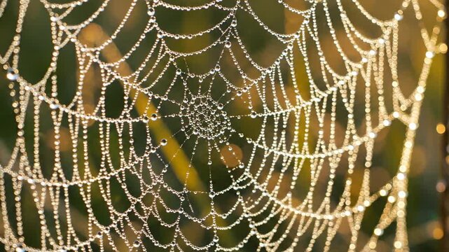 Close-up of a dew-covered spider web glistening in the morning sun.