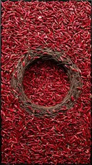 A close-up shot of a frame filled with red chili peppers, with a woven wreath in the center.