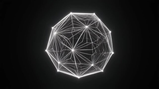 Single intricate wireframe dodecahedron structure slowly spinning and rotating, luminous white lines and elegant geometric background loop.