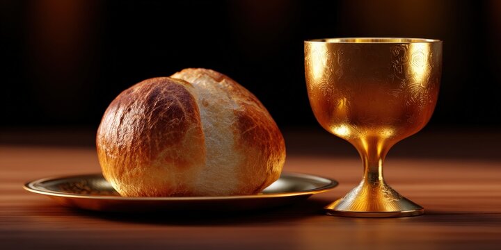 Golden chalice and bread loaf on wooden table – symbolic religious setting