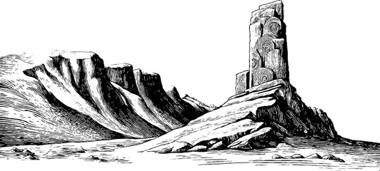 Fototapeta premium Vintage engraving of a windswept cliff monument with ornamental details