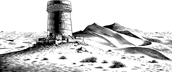 Fototapeta premium Intricate engraved desert shrine in windswept landscape