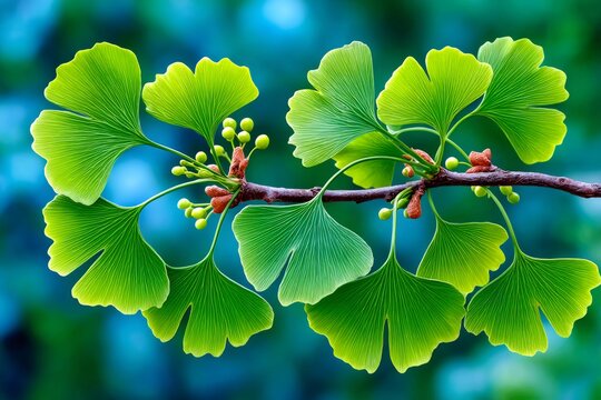 Ginkgo biloba tree branch with fresh green leaves and budding seeds