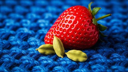 Strawberry and cardamom seeds on blue knitted fabric background  