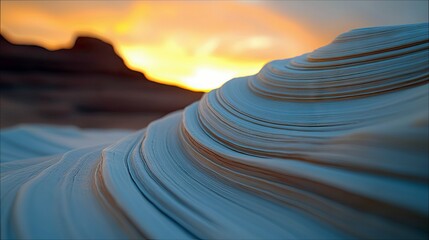 A close-up view of a sandstone formation with layered textures, illuminated by the warm light of a sunset in Arizona, USA.