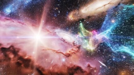 Cosmic panorama displaying vibrant nebulae and swirling galaxies with stars in a deep space setting