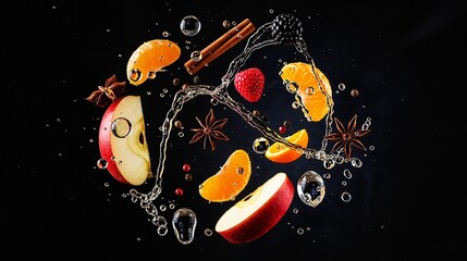 Sliced fruits and spices floating in water bubbles on black background  