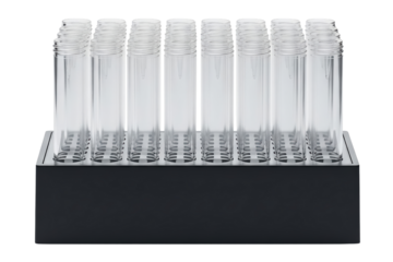 Laboratory rack holding rows of empty clear plastic test tubes isolated on a transparent background