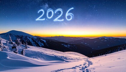 Scenic mountain landscape with the year 2026 in bright text
