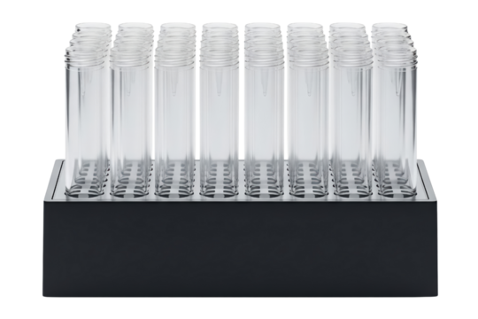 Laboratory rack holding rows of empty clear plastic test tubes isolated on a transparent background - Powered by Adobe