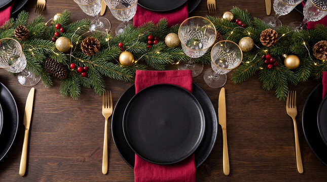 Christmas table setting with golden cutlery and christmas tree branches
