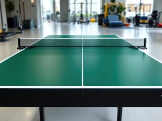 Ping pong table with green surface in a bright room