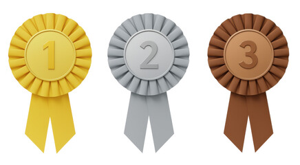 3D Gold, Silver, Bronze Award Rosette Ribbons for First, Second, and Third Place.