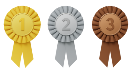 3D Gold, Silver, Bronze Award Rosette Ribbons for First, Second, and Third Place.