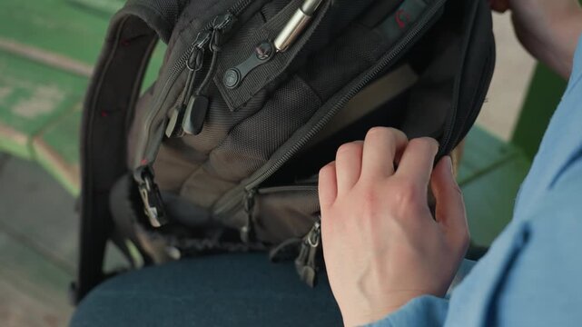 closeup hands opening backpack pocket and retrieving small object, casual street bench scene, light blue sleeve and zipper details, focused careful motion suggesting travel or daily routine