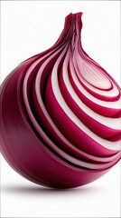 Close-up of a halved red onion, showcasing its internal layers and textures against a clean white backdrop.