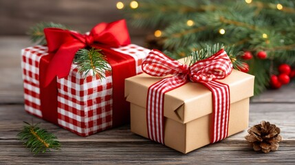 Obraz premium Christmas gifts and presents on rustic wood background