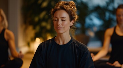 A therapist guiding clients through a timed grounding exercise, a soft chime marking each breathing phase in a calm, sunlit wellness room — mental health timing tools, controlled breathing