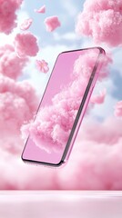 A smartphone hovers amidst fluffy pink clouds and delicate flowers, creating a whimsical and dreamy atmosphere.