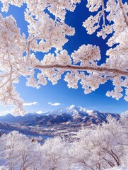 A beautiful winter landscape featuring snow-covered trees framing a view of mountains and a town under a bright blue sky. The scene evokes a sense of peace and