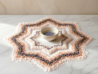 Ceramic bowl on tasseled neutral colored woven mat on counter