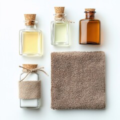 Overhead shot of spa bottles, towel, and corks arranged on a white surface. The bottles contain liquids of different colors.