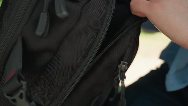 woman searches bag, woman in park searches various objects in backpack pocket carefully, caucasian woman intently searches through her backpack pocket in park setting using natural sunlight