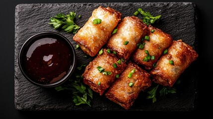 Overhead shot of spring rolls with dipping sauce and parsley on a black slate plate against a dark background.