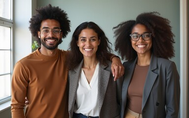 Happy diverse business team standing in office looking at camera. High quality