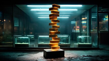 A stack of glowing, rectangular blocks stands on a pedestal in front of a store window at night. The scene is illuminated by neon lights and a mysterious glow.