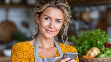Woman smiling using phone in kitchen for cooking