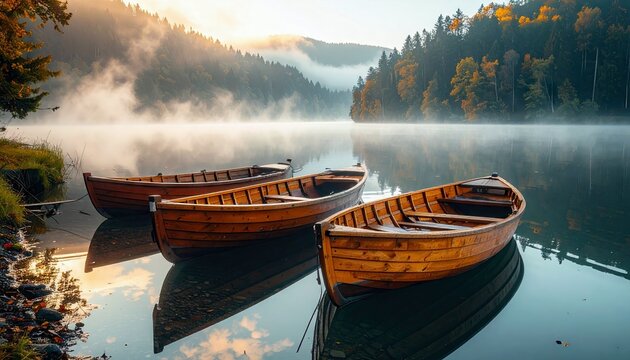 Three wooden boats floating on a calm lake with a misty mountain backdrop at sunrise. The scene evokes tranquility and natural beauty.