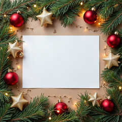 Festive Green Fir Branches with Red Ornaments Framing Blank White Card
