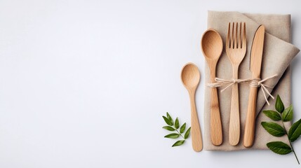 Overhead shot of a wooden cutlery set including a spoon, fork, and knife on a napkin, with green leaves on a white surface.