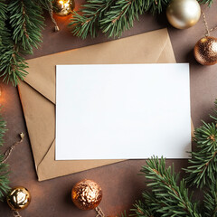 Festive White Card on Kraft Envelope with Christmas Ornaments and Green Pine Branches