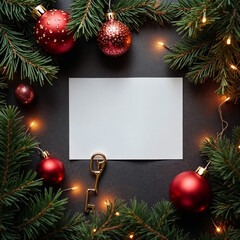 Christmas Arrangement with Red Ornaments, Green Pine Branches and Golden Key Around a White Card on Black Surface