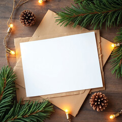 Blank White Card on Kraft Envelope with Evergreen Sprig and Warm Fairy Lights