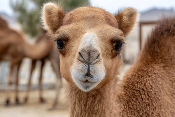 Baby camel looking at camera in close up portrait