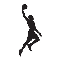 Basketball player silhouette dunking on white background