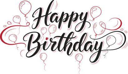 Elegant happy birthday calligraphy with balloons and decorative swirls on white