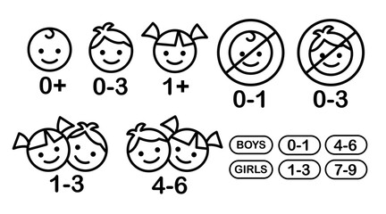 Kid age warning icons in linear format. Icon set includes kids silhouettes and standard line markers