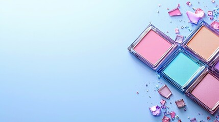 Close-up of colorful eyeshadow palettes with scattered decorative elements on a blue background. The image is clean and bright, ideal for beauty and cosmetic co