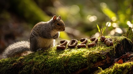 A squirrel is sitting on a moss covered log