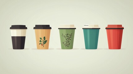 sustainable coffee takeaway vector infographic of reusable cup types, materials, and benefits, flat design vector art 